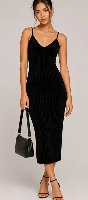 Forever 21 Black Ribbed Velvet Feel V-Neck Cami Midi Dress Size Small thumbnail 1