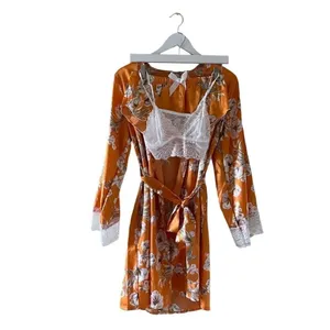 Bohemian Floral Print Pajama Set, Long Sleeve Robe With Belt Lace SZ M #1635 thumbnail 2