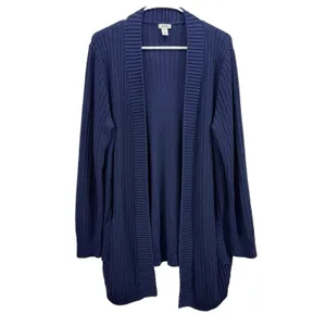 LL Bean Navy Blue Shaker Stitch Cotton Open Cardigan Sweater Pockets Size XL thumbnail 2
