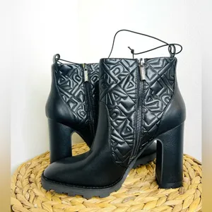 NWT Karl Lagerfeld Boots Paris Petria Logo Quilted Square Toe Black Heeled Ankle thumbnail 3