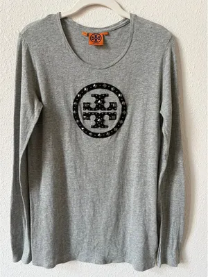 Tory Burch Velvet Studded Logo Long Sleeve T Shirt Gray Size Small Neutral thumbnail 1