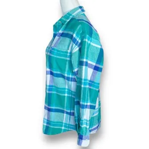 Vintage 90s Kelly Green Blue Plaid‎ Flannel Button Front Long Sleeve Baggy Shirt thumbnail 4