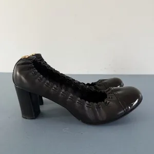 Tory Burch Abbey 2 Mid Heel Black Leather‎ Cap Toe Block Heel Pumps thumbnail 3