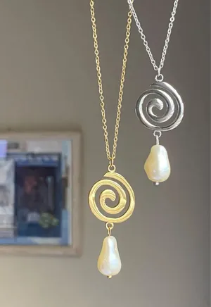 Handmade stainless steel spiral swirl uzumaki & pearl necklace🌀 thumbnail 9