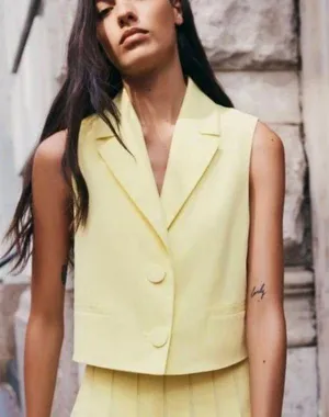 ZARA Blogger Favorite CROPPED WAISTCOAT WITH COVERED BUTTONS VEST YELLOW thumbnail 1