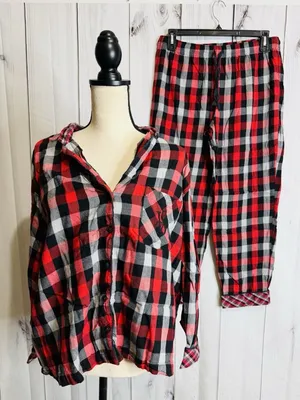 Victoria Secret Pajama Set Sz L Red Black Plaid Button Up Top Drawstring Pants thumbnail 1