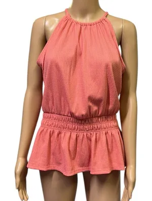 Nine West Peach Sleeveless Halter Keyhole Back Peplum Smocked Tank Top Blouse M thumbnail 1
