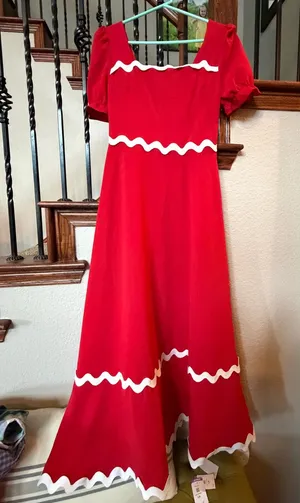 Red Smocked Maxi dress with White Ladder Stitching thumbnail 1