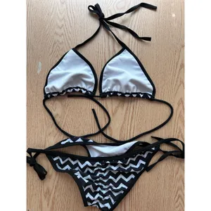 B4 New Womens Zigzag Print 2pc String Bikini Black white size Xs/Small thumbnail 3