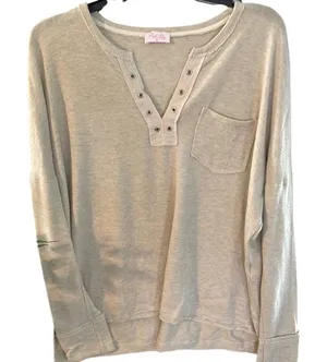 Pink Lily Womens Oatmeal Beige Henley Long Sleeve‎ Pocket Top IL2867 Medium thumbnail 1