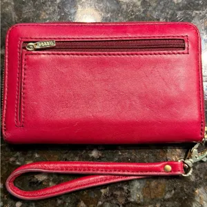 Fossil Red‎ Leather Zip Around Clutch Wallet Card Organizer Wrist Strap R thumbnail 2
