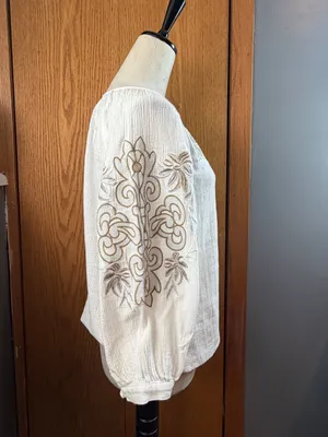 Kye Mi White Embroidered Cotton Peasant Blouse Tassel Top Size Small thumbnail 5
