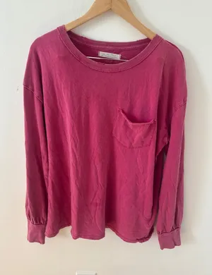 We The Free Free People Magenta Pink Long Sleeve Distressed Pocket Tee Small thumbnail 1