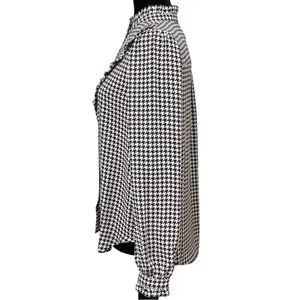 Ann Taylor Houndstooth Ruffle Neck Button Up Long Sleeve Blouse Small thumbnail 3
