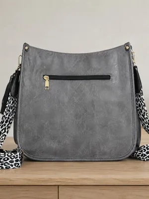 Gray Vegan Leather Messenger Tote Bag Leopard Print Strap NWT thumbnail 2