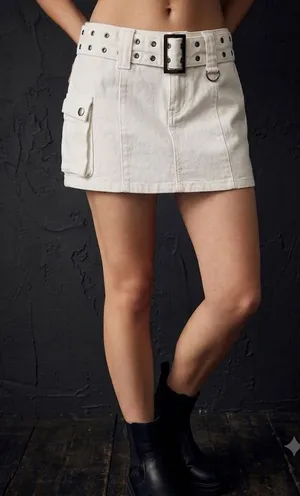 Edikted White Denim Cargo Mini Skirt Y2K Belted Utility‎ Festival Size L XL thumbnail 1