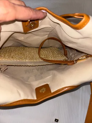 Tan And Brown Tote Bag…Both Faux Leather And Faux Straw “Paris/Milan”Design Nwts thumbnail 8