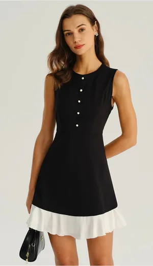 Rihoas Sleeveless Black Dress with White Hem and Pearl Buttons thumbnail 1