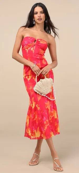 NWT Lulus Islay Hot Pink Floral Abstract Mesh Strapless Midi Dress Cruise Sz XL thumbnail 1