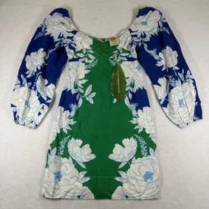 Farm Rio Green Blue Floral Pineapple Linen Mini Dress XXS NWT Ruched Puff Sleeve thumbnail 1