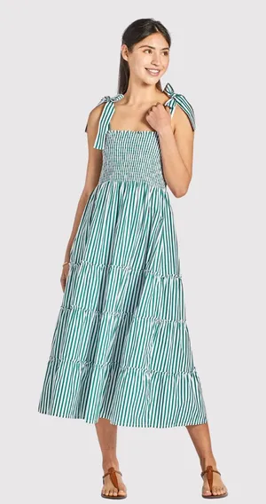 Maxwell And Gerladine Dress Green The Brooke Midi Stripe Smocked Tiered Flowy XS thumbnail 1
