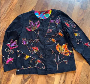 New Direction Jacket Womens Large Black Floral Embroidered‎ Applique art to wear thumbnail 1