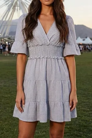NWT MAX STUDIO XS Mini dress blue white stripe cinched waist flutter sleeves thumbnail 1