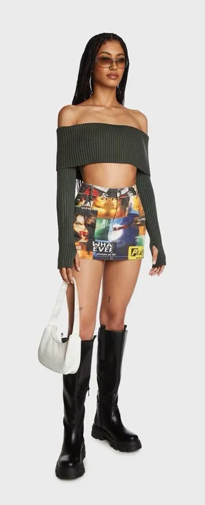 Edikted NWT Two Faced Denim Mini Skirt Small Collage‎ Photo Print Art Grunge 90s thumbnail 1