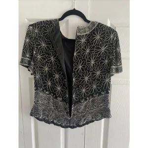Laurence Kazar Vintage Beaded Top Womens Size L Black Silk Floral Sequin Evening thumbnail 9