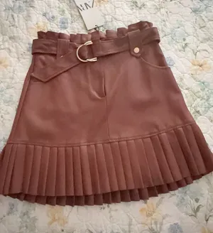 Zara Brown Faux-Leather Pleated Hem Mini Skirt with Belt thumbnail 1
