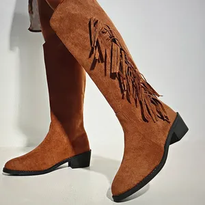 Women’s Fringe knee high side zipper suede boots thumbnail 1