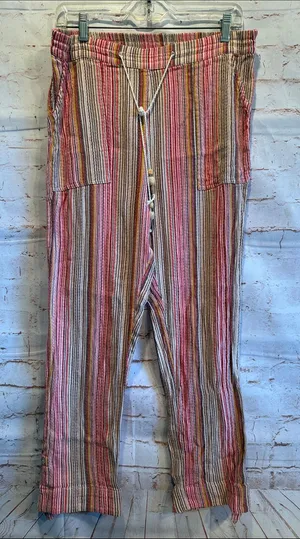 Sundance Pink Tan Stripe elastic Waist Bakari Beachy Pants Roll Tab Hem S pocket thumbnail 1