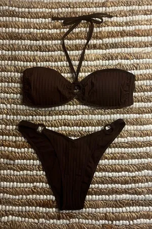 Aerie NWT Classic Bandeau large rib Bikini Set in Dark Chocolate Brown thumbnail 1