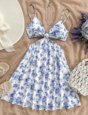 Blue Floral Cutout Dress thumbnail 1