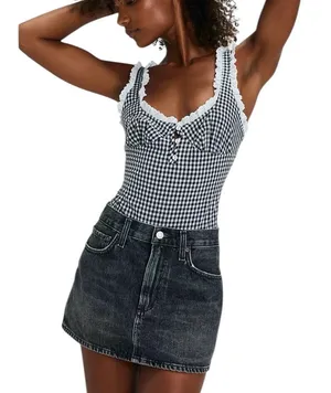 Intimately Free People Cassie Gingham Ruffle Bodysuit L Black White Milkmaid thumbnail 1