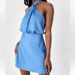 Lulus Remarkable Moment Blue Satin Halter Mini Dress XS NWT thumbnail 2