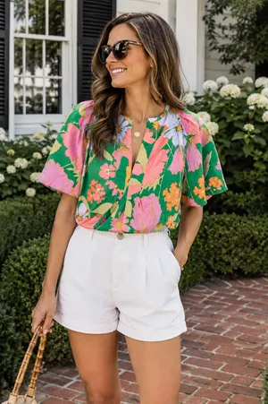 Flora Bea 100% Cotton Green Pink Floral Puff Sleeve Top Size Small thumbnail 1