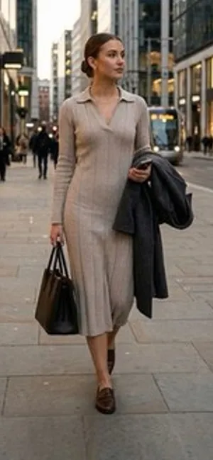 H&M NWT Rib Knit Dress Women's M Beige Tan V Neck Collared Bodycon Midi thumbnail 1