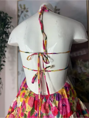 Luxxel Pink Yellow Floral Tiered Ruffle Romper Open Back Lace Up Size Medium thumbnail 9