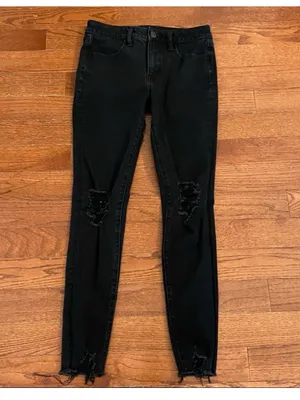 American Eagle Dream Jean Hi-Rise Jegging Distressed Raw Hem Black Skinny Jeans thumbnail 3