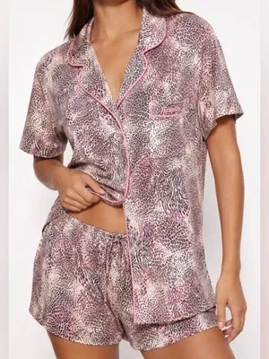 Skims Sleep Short Sleeve Button Up Top & Shorts Pink Animal Print Pajama Set S thumbnail 1