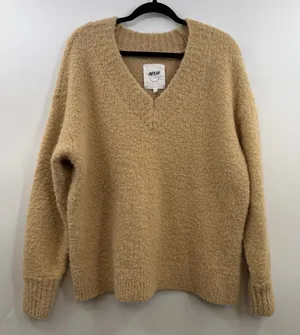 Aerie Teddy Boucle Sweater Womens L Tan Camel Fuzzy Oversized V Neck Wool Blend thumbnail 1