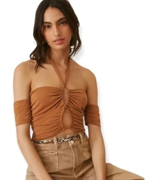 Anthropologie Sunday in Brooklyn Ruched Crop Top‎ L Brown Tie Front NWT $78 thumbnail 1