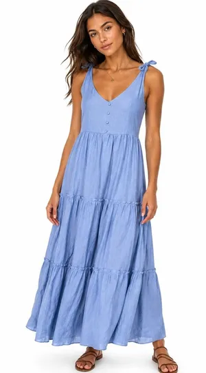 Blu Pepper Tiered Solid Maxi Dress Light Blue Cottagecore Tie Shoulder Size S thumbnail 1