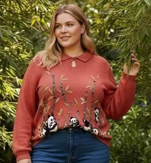 Alfred Dunner Panda Bamboo Embroidered Sweater Coral Ramie Cotton XL 6349 thumbnail 1