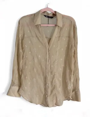 Zara Sheer Paisley Embroidered Button-Up Blouse in Beige Crinkle Size M Coastal thumbnail 1