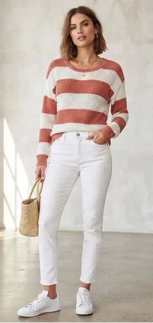 American‎ eagle Striped Knit Sweater Coral White Oversized Casual Cozy Top M thumbnail 1