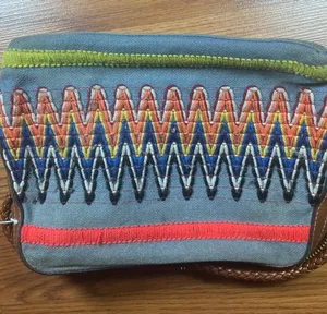 Tory Burch Gray Canvas Crossbody with Multicolor Zigzag Embroidery thumbnail 1