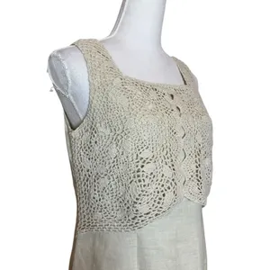 Vintage Y2K 100% Linen Maxi Dress Size 8 Crochet Button Up Fairy Coastal Boho thumbnail 7