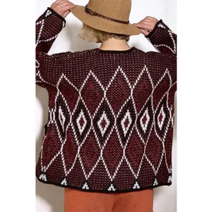 NEW POL Burgundy Black Diamond Pattern Chunky Knit Cardigan S thumbnail 5